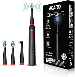 AGARO COSMIC Lite Sonic Electric Toothbrush for Adults with 6 Modes, 3 Brush Heads, 1 Interdental Head and Rechargeable with 3.5 Hours Charge Lasting up to 25 Days, Power Toothbrush, Black