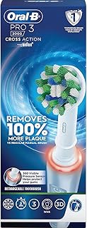 Oral B Pro 3 Rechargeable Rotating Electric Toothbrush for Adults, 3 Cleaning Modes with Pressure Sensor, 3D Brushing Action, 2 Min Timer with Quadpacer, 2 Year Warranty by Oral-B, IPX7 Water Resistant