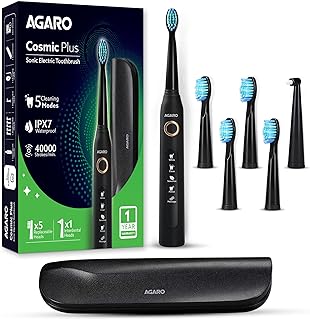 AGARO COSMIC PLUS Sonic Electric Tooth Brush For Adults With 5 Modes, 5 Brush Heads, 1 Interdental Head, Carry Case & Rechargeable With 4 Hours Charge Lasting Up To 25 Days, Power Toothbrush, (Black)